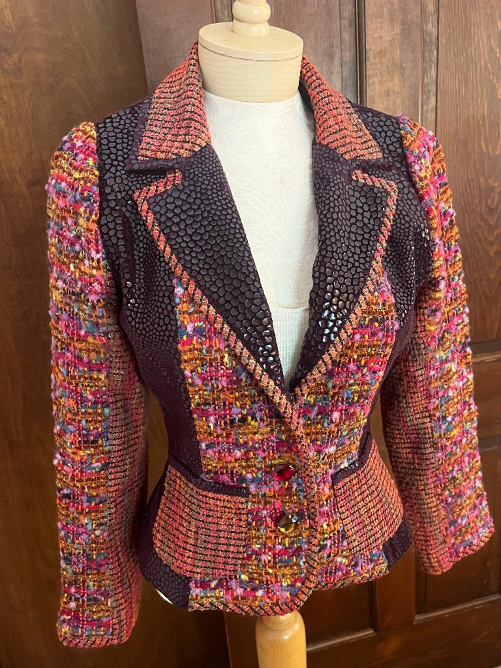 Kristina Popovitch Multicolor Tweed Mixed Media Blazer Jacket Size 38